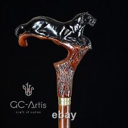 Wooden Walking stick Cane Black Panther Cougar cat Wood Carved Crafted Dark