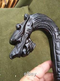 Wooden Wood Carving Carved Asian Oriental Dragon Head Cane Handle Walking Stick