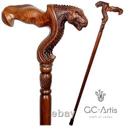 Wooden cane walking stick Ergonomic palm grip handle T-Rex dinosaur