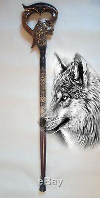 Wooden cane wolf Carved handle and staff Wood walking stick Hand carved