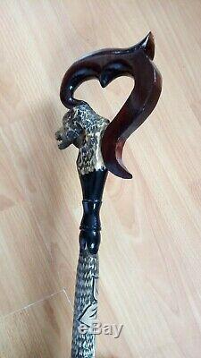 Wooden cane wolf Carved handle and staff Wood walking stick Hand carved canes