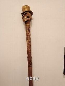 Wooden walking Stick with skull Designer Hand Carved Handle cane Hiking Stick