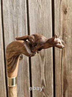 Wooden walking stick hand carved Beautiful Fox wooden walking cane