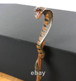 Wooden walking stick hand carved cobra snake handmade walking cane animal