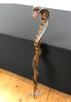 Wooden walking stick hand carved cobra snake handmade walking cane animal