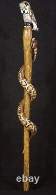 Wooden walking stick hand carved cobra snake&owl handmade wooden walking cane