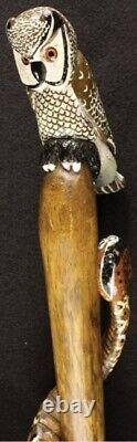 Wooden walking stick hand carved cobra snake&owl handmade wooden walking cane