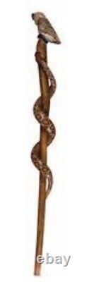 Wooden walking stick hand carved cobra snake&owl handmade wooden walking cane