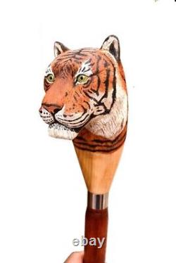 Wooden walking stick realistic tiger head wood, wildlife hand carved cane