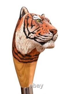 Wooden walking stick realistic tiger head wood, wildlife hand carved cane