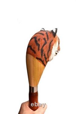 Wooden walking stick realistic tiger head wood, wildlife hand carved cane