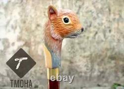 Wooden walking stick squirrel handle hand carved squirrel walking cane best gift