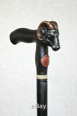 Zodiac Aries Black Wooden Walking cane stick Handcarved Ram