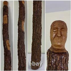 53.5 Bâton De Marche En Bois / Faces Sculptées À La Main De Canne