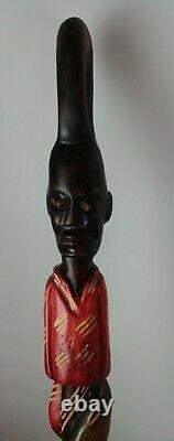 African Main Sculpté Homme En Bois Visage Et Serpent Bâton De Marche Canne 37,5 X 6,5