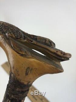 Alligator Sculpté En Bois Vintage Main Crocodile Bâton De Marche Personnel De Canne