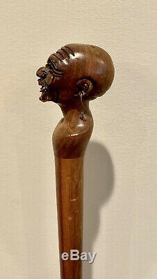 Américain Africain Sculpté À La Main Antique Avec Bâton De Marche En Bois Rare