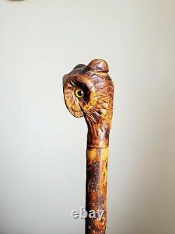 Antique 1800 La Main Sculpté Oiseau De Verre Yeux Folk Art Bâton De Marche En Bois Cane