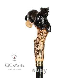 Antique Bâton De Marche En Bois Black Panthere Cougar Chat Cool Wood Canne Sculptée