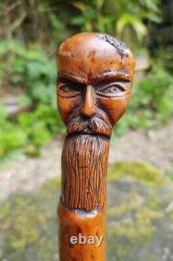 Antique Carved Wooden Japanese Head Walking Stick Steam Punk Steampunk