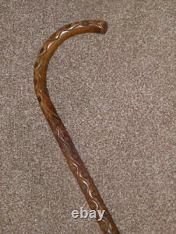 Antique Début Du 20ème Siècle Victorian Chip Carved Wooden Walking Stick 90cm