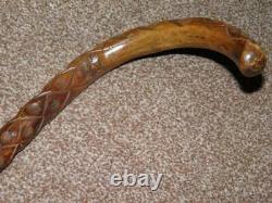 Antique Début Du 20ème Siècle Victorian Chip Carved Wooden Walking Stick 90cm