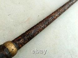 Antique Rare Wooden Hand Carved Unique Design Old Man/woman Walking Stick