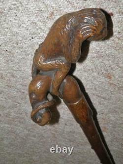 Antique Rustique En Bois Sculpté À La Main Singe Perché Sur La Branche Bâton De Marche/cane