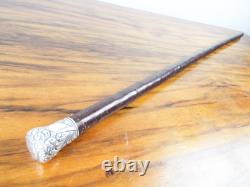Antique Solid Silver Handle Monté Canne Walking Stick Wooden Evening Accessoire