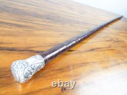 Antique Solid Silver Handle Monté Canne Walking Stick Wooden Evening Accessoire