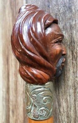 Antique Unique Bâton De Marche En Bois Cane Moor Tête Corozo Nut Knob Fin 19ème C