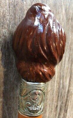 Antique Unique Bâton De Marche En Bois Cane Moor Tête Corozo Nut Knob Fin 19ème C