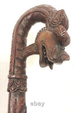 Antique Vtg Main Asiatique Sculpté Dragon & Serpent En Bois Canne À Pied Grand