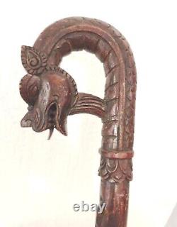 Antique Vtg Main Asiatique Sculpté Dragon & Serpent En Bois Canne À Pied Grand