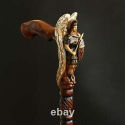 Archange Michael Wooden Walking Stick Cane Wood Carved Crafter Wings & Métal