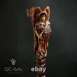 Archange Michael Wooden Walking Stick Cane Wood Carved Crafter Wings & Métal