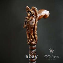 Archange Michael Wooden Walking Stick Cane Wood Carved Crafter Wings & Métal