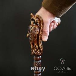 Archange Michael Wooden Walking Stick Cane Wood Carved Crafter Wings & Métal