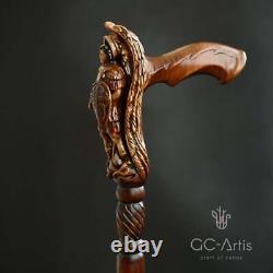 Archange Michael Wooden Walking Stick Cane Wood Carved Crafter Wings & Métal