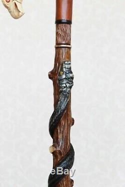 Bâton De Marche Canne Aigle Américain Et Serpent Poignée Sculptée En Bois Et Le Personnel De La Canne