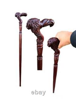 Bâton De Marche En Bois Cane Lion Head Palm Grip Ergonomic Handleanimal Wood Sculpté