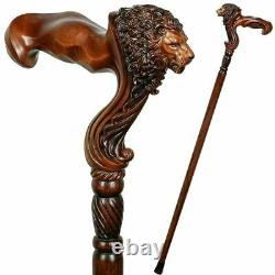 Bâton De Marche En Bois Cane Lion Head Palm Grip Ergonomic Poignée Anima Wood Sculptée