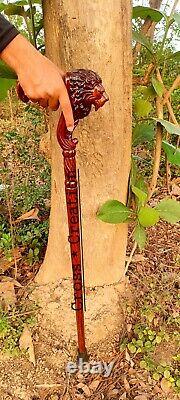 Bâton De Marche En Bois Cane Lion Tête Palm Grip Ergonomic Poignée Animal Wood Carve