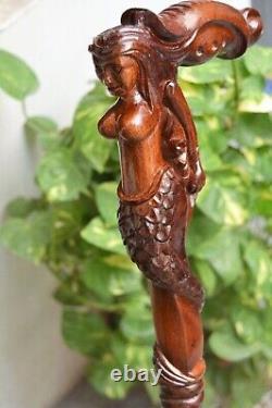 Bâton de marche 100% en bois sculpté sirène, canne faite à la main. Cadeau de Noël