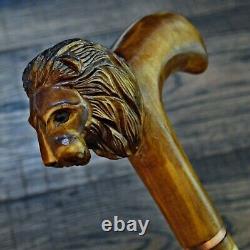 Bâton de marche Canne en bois Canne de marche faite à la main Sculpture sur bois avec poignée de lion