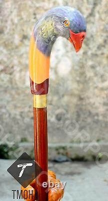 Bâton de marche à poignée de perroquet en bois sculpté à la main Cadeau de Noël