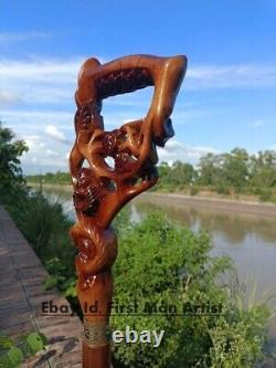 Bâton de marche à tête de bélier en bois sculpté à la main avec poignée en forme d'animal pour hommes - Cadeau