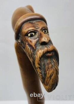 Bâton de marche antique en canne française Visage de vieil homme Art en bois Yeux rares Ancien du 19e siècle.