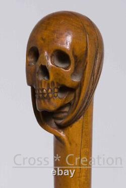 Bâton de marche avec poignée de crâne, canne de marche en bois sculptée à la main, cadeau unique.