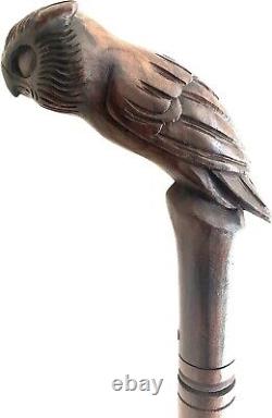 Bâton de marche avec poignée en forme de tête de hibou sculptée à la main en bois - Cadeau de créateur avec un design unique.